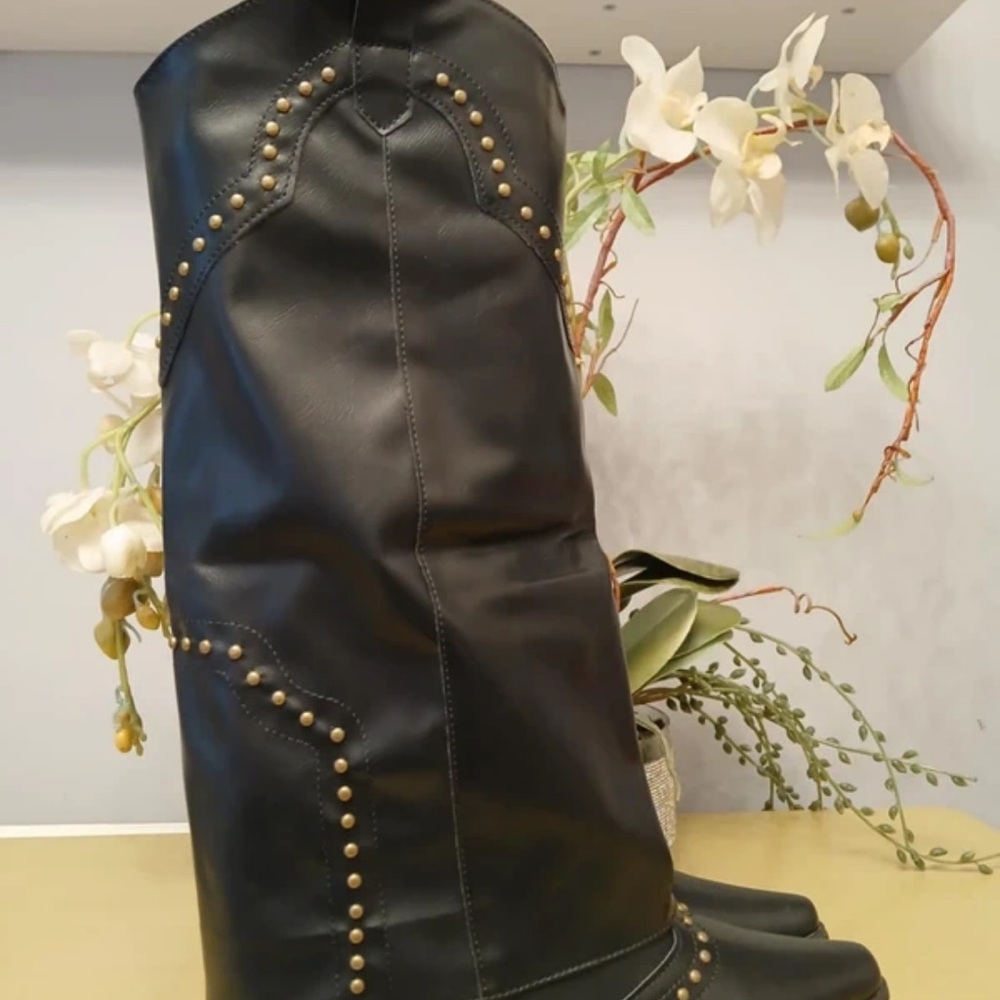 Boots Black Heeled Boots with Gold Studs